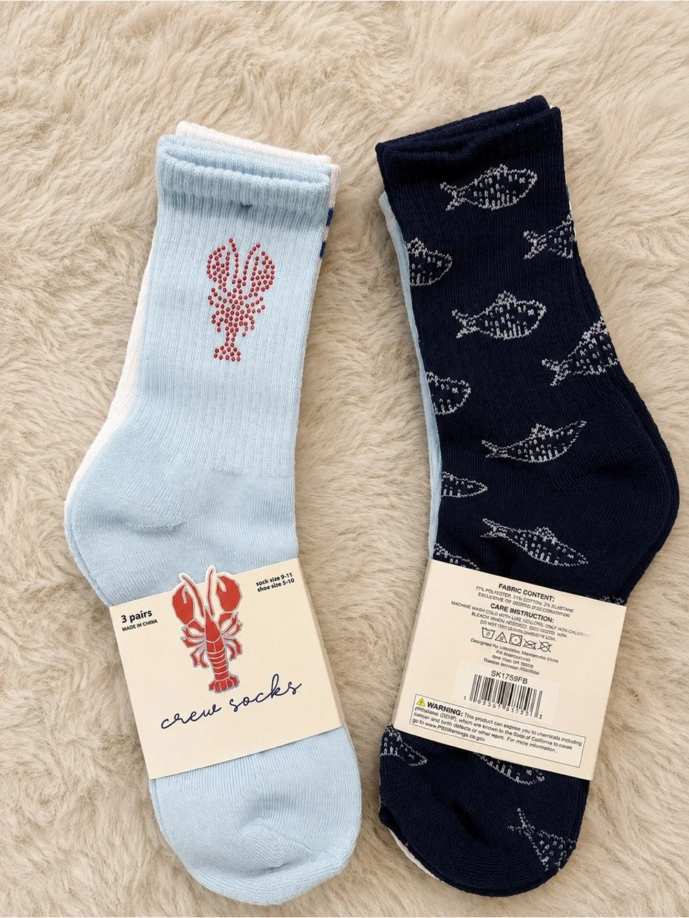 3 Pairs Women’s Crew Socks • Crawfish Rhinestone Retro Stripe Nautical Fish
